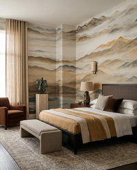 Open valley landscape mural with wide misty gap between ridge rows., GD10383