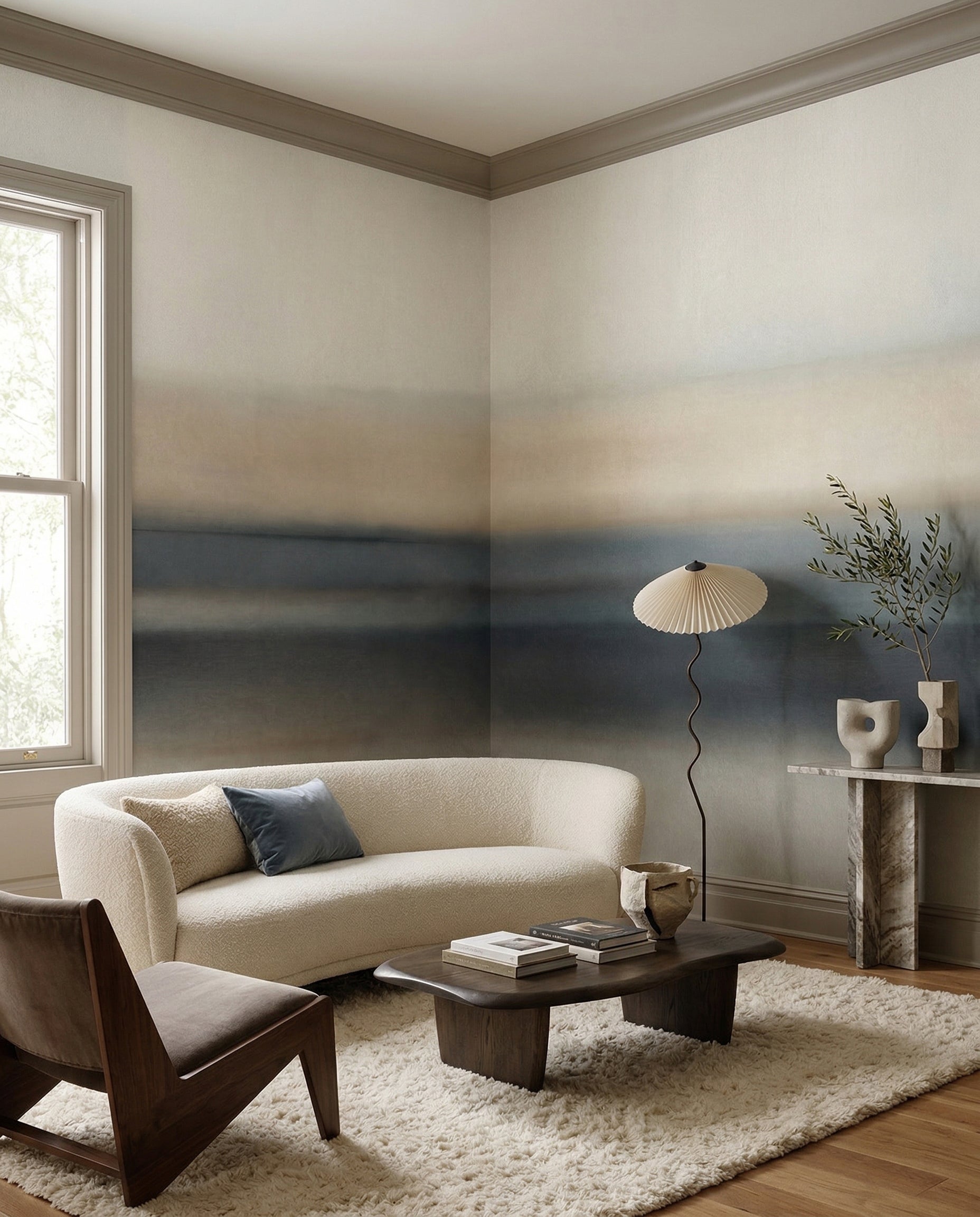Abstract neutral tone wall mural in a living room space with gray bands., GD10388