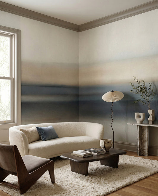 Abstract neutral tone wall mural in a living room space with gray bands.