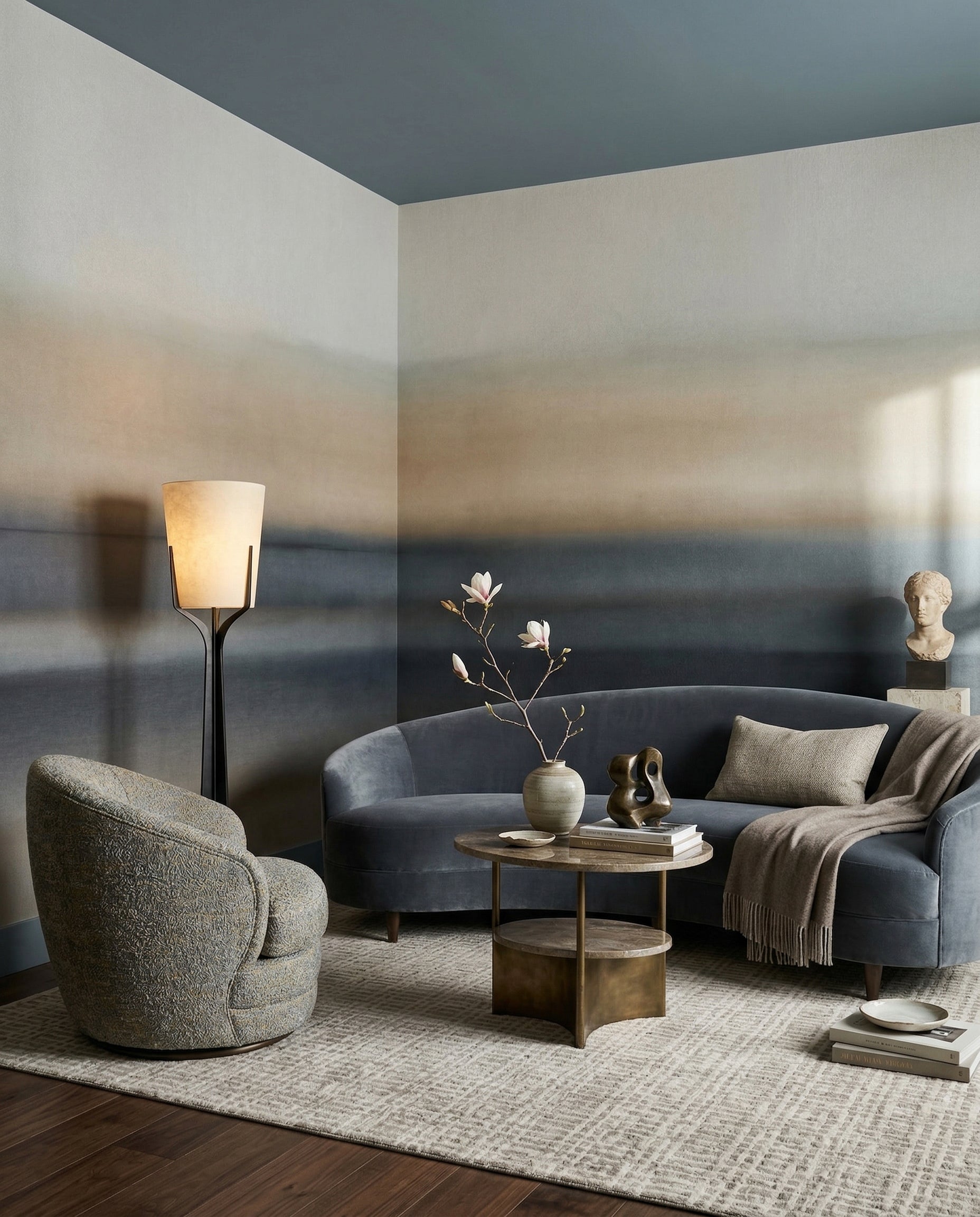 Abstract colour field wall mural with Layered beige and slate., GD10388