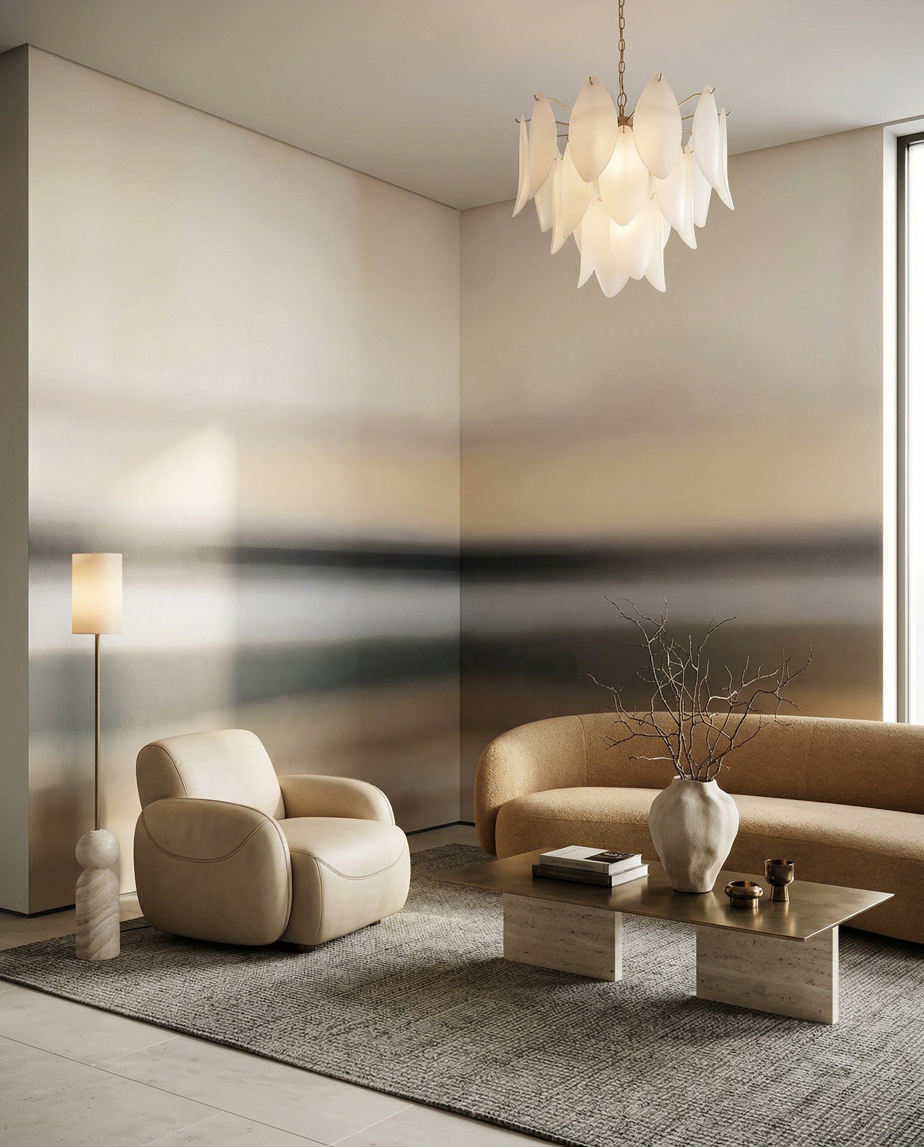 Abstract ash tone wall mural in a living room space with navy and beige gradient., GD10385