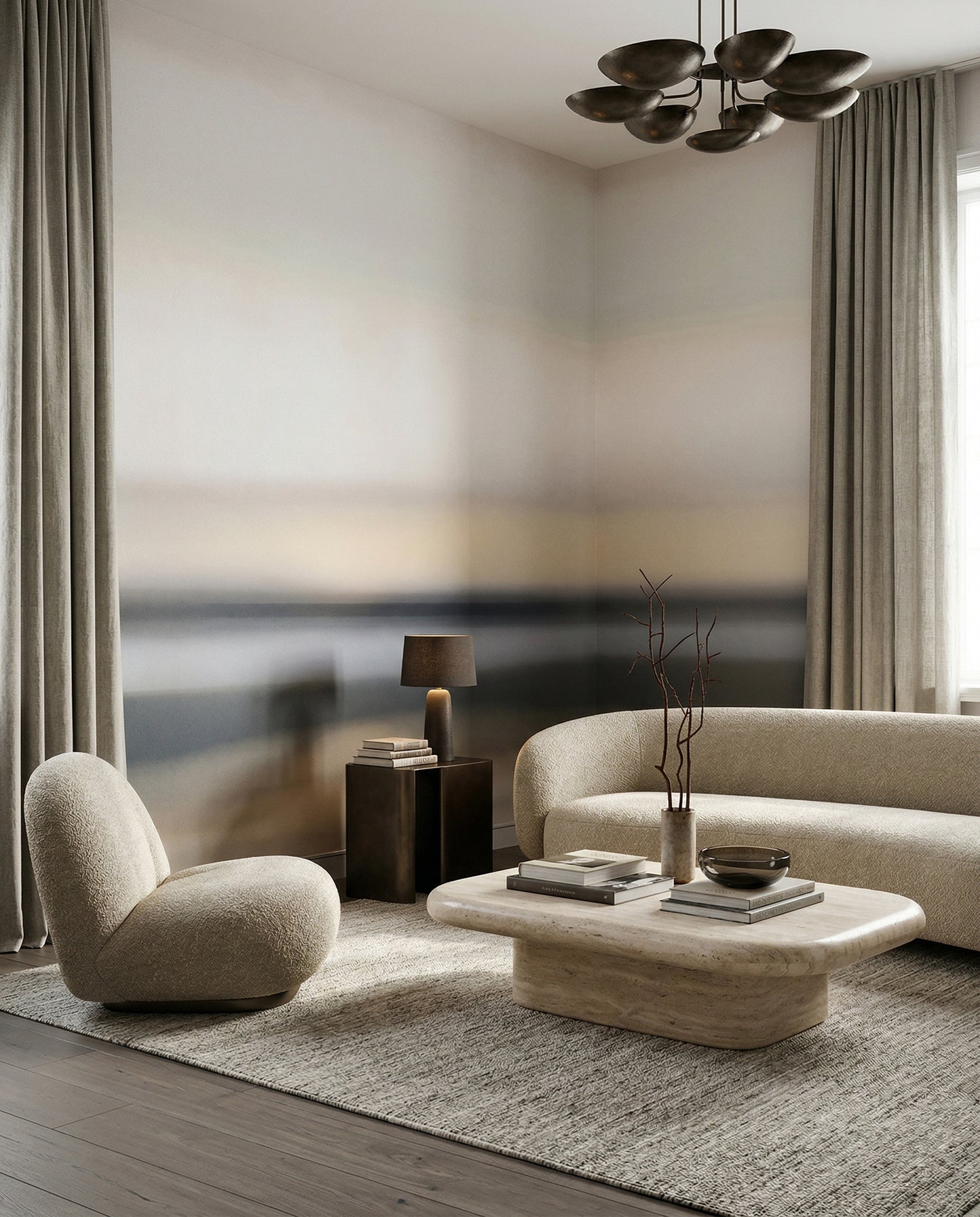 Painterly blurred wall mural in neutral and cool blue tone., GD10385