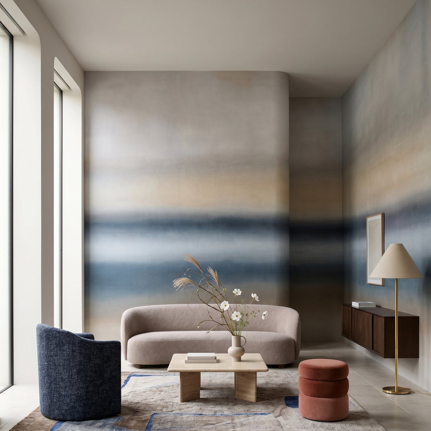 Atmospheric gradient wall mural with muted blush and grey tone., GD10385