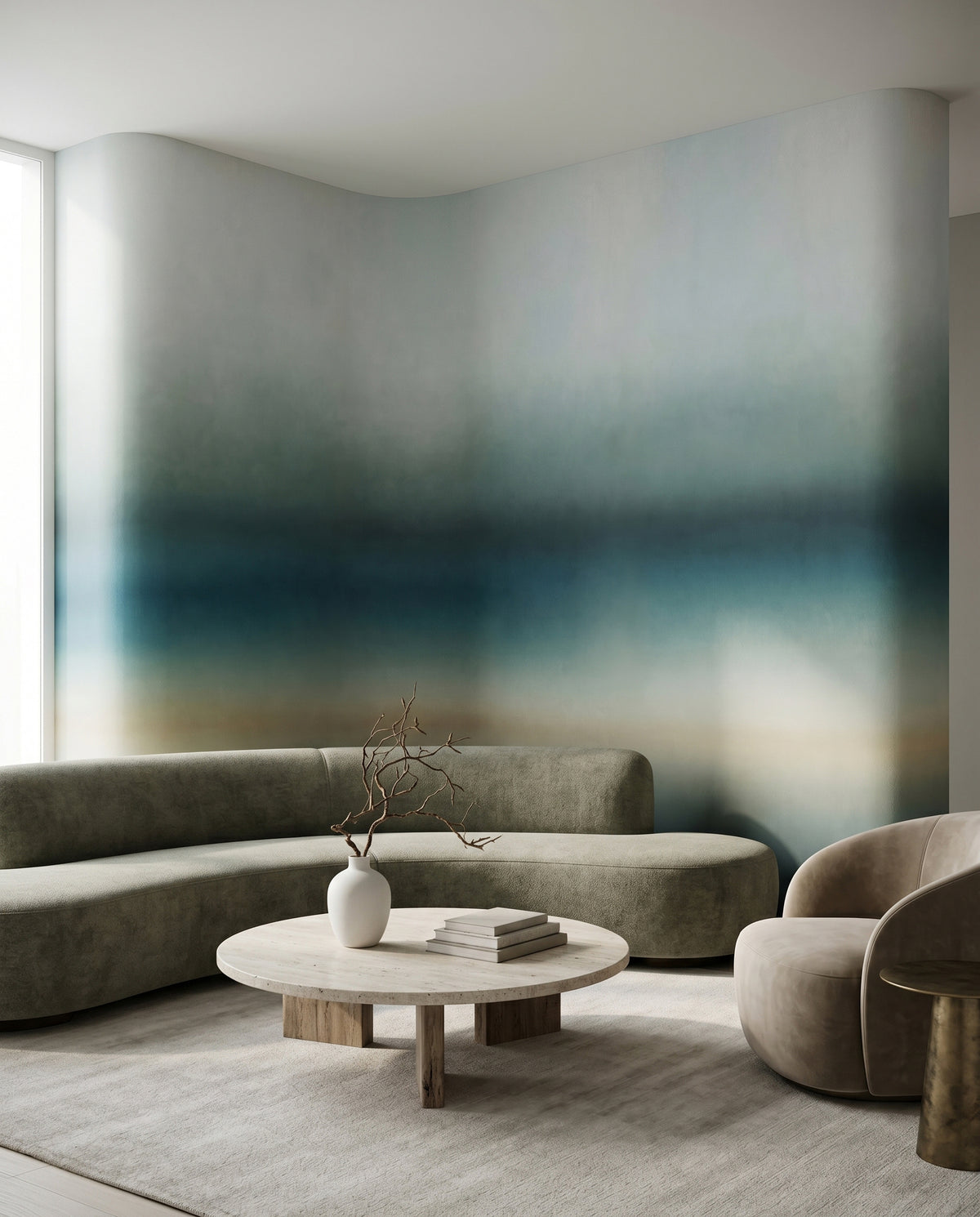 Abstract oceanic tone wall mural in a living room space with sky blue gradient., GD10386