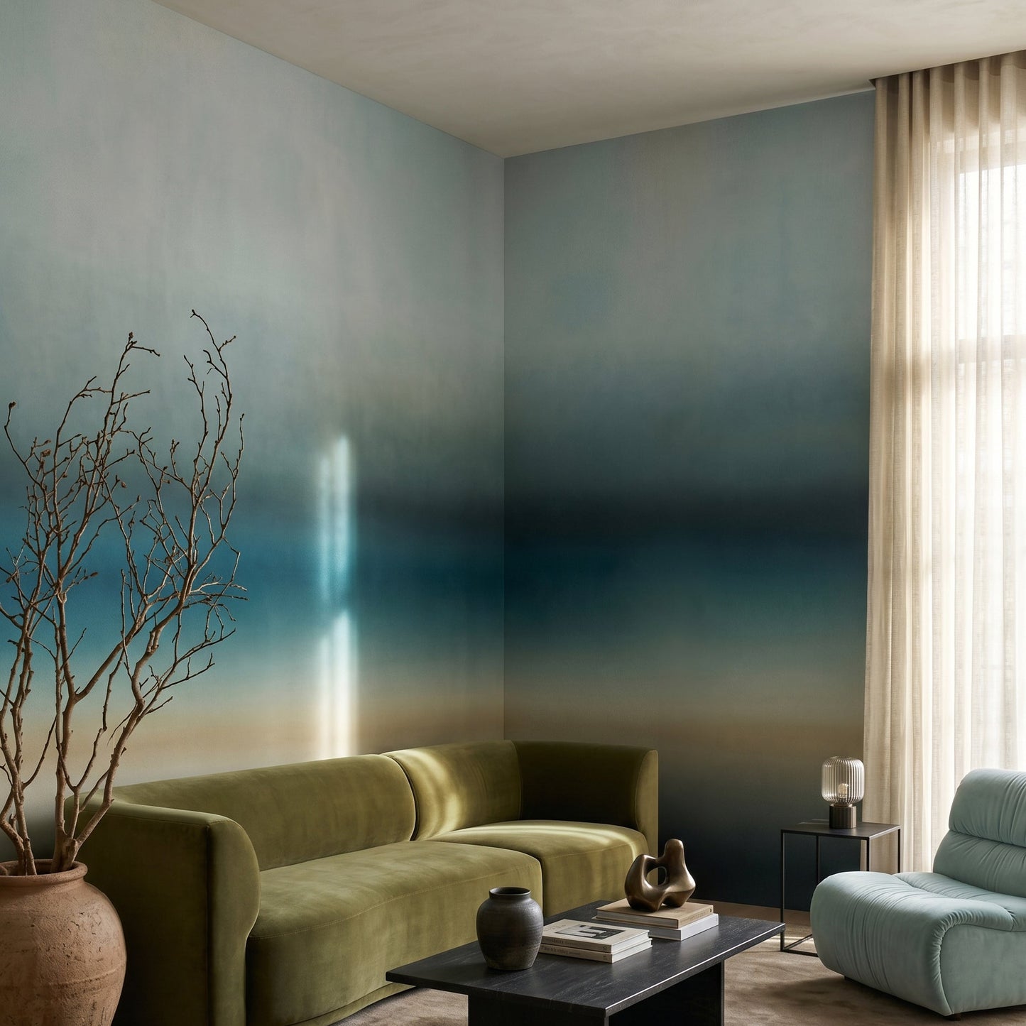 Painterly blurred gradient wall mural in cool blue and teal palette., GD10386