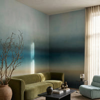 Painterly blurred gradient wall mural in cool blue and teal palette., GD10386