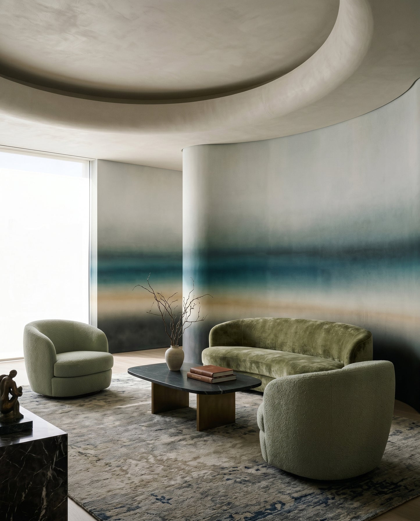 Oceanic abstract wall mural with layered aqua and sand band., GD10386