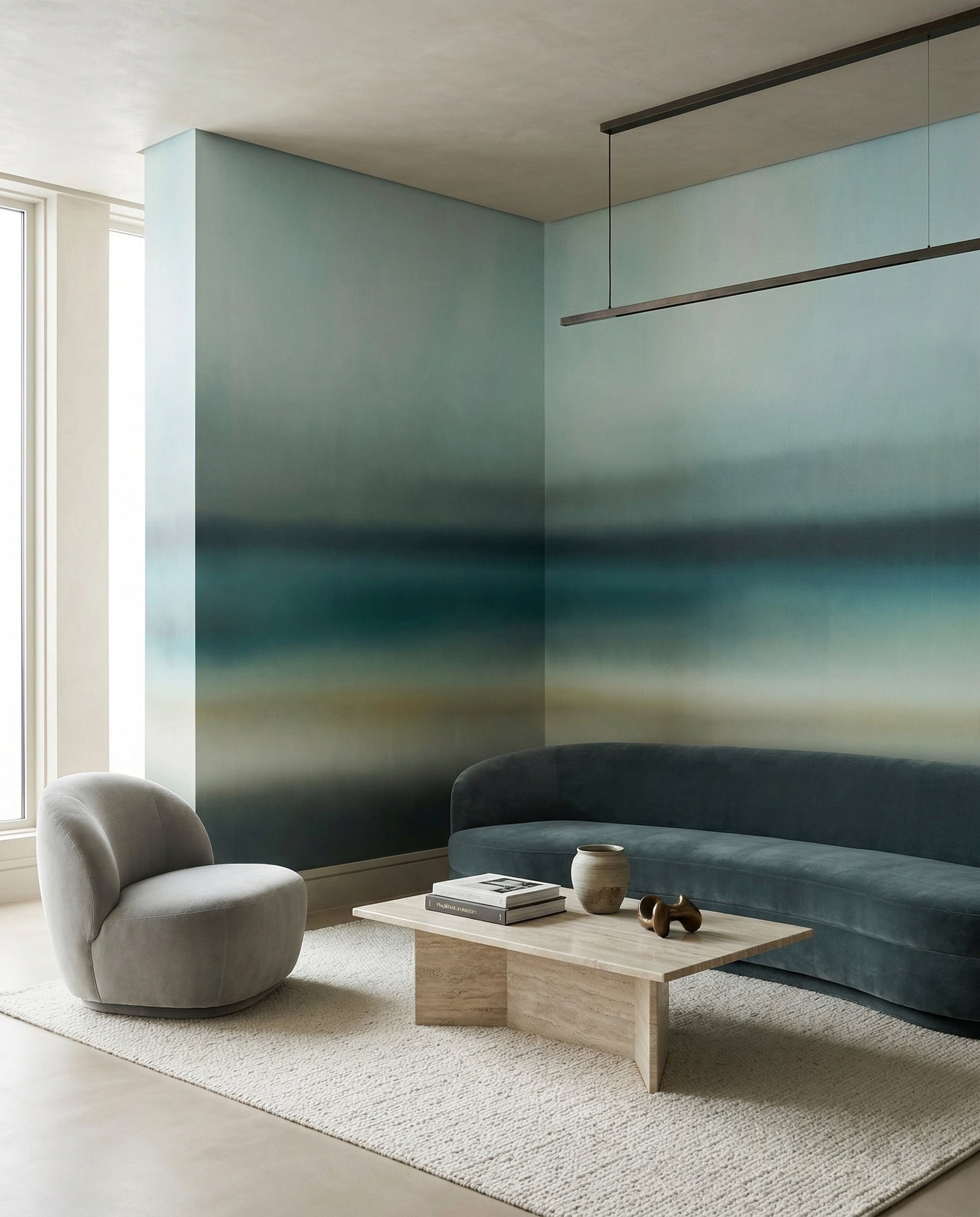Atmospheric blurred wall mural in deep teal and pale blue tones., GD10386