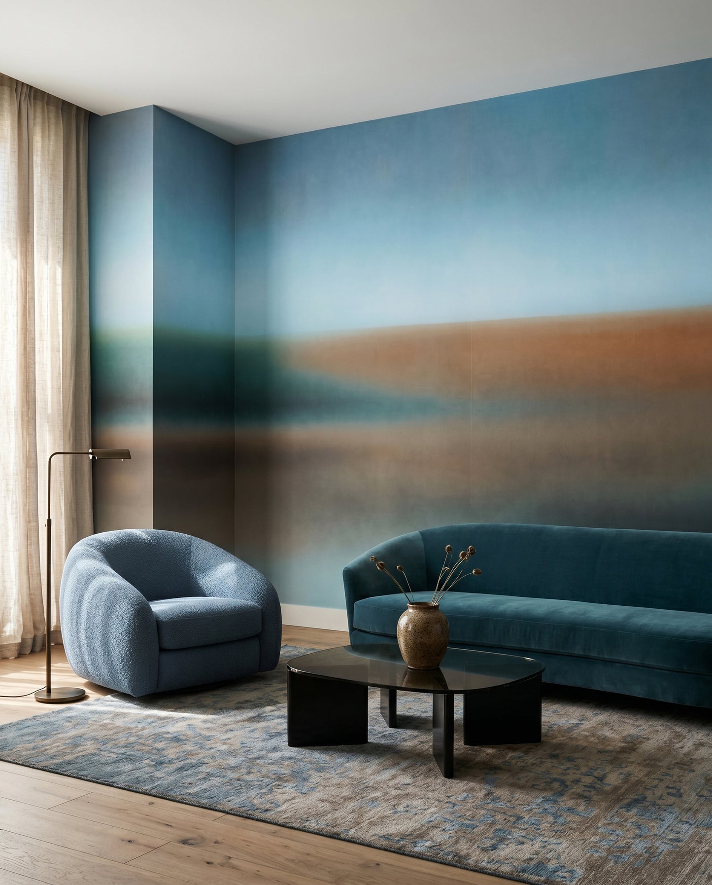 Abstract landscape inspired mural in blue brown and green tones., GD10384