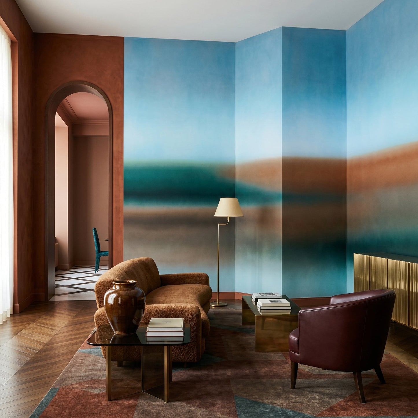 Warm clay and cool teal blended colour bands on wall mural., GD10384