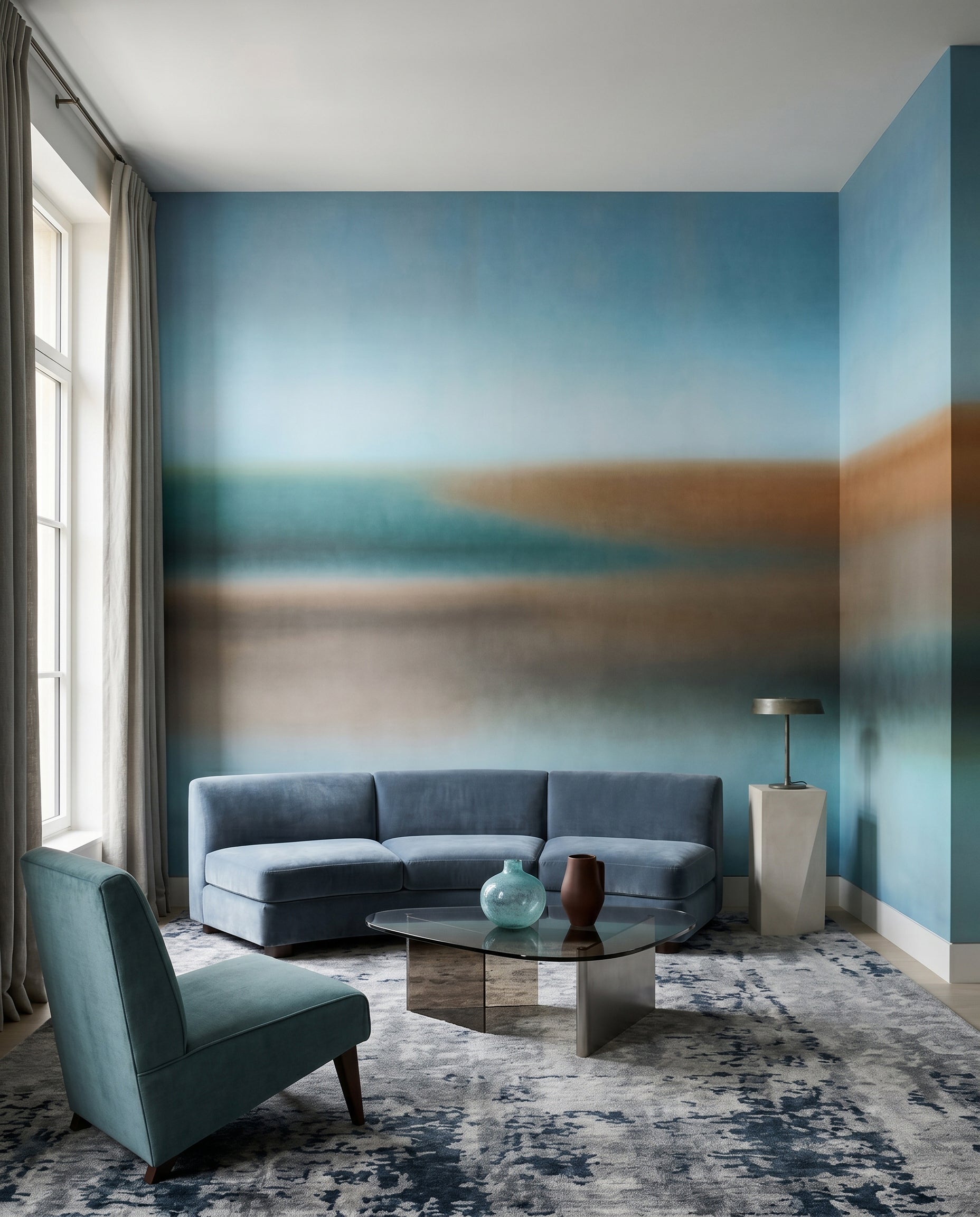 Abstract blue and clay wall mural in a living room setting., GD10384
