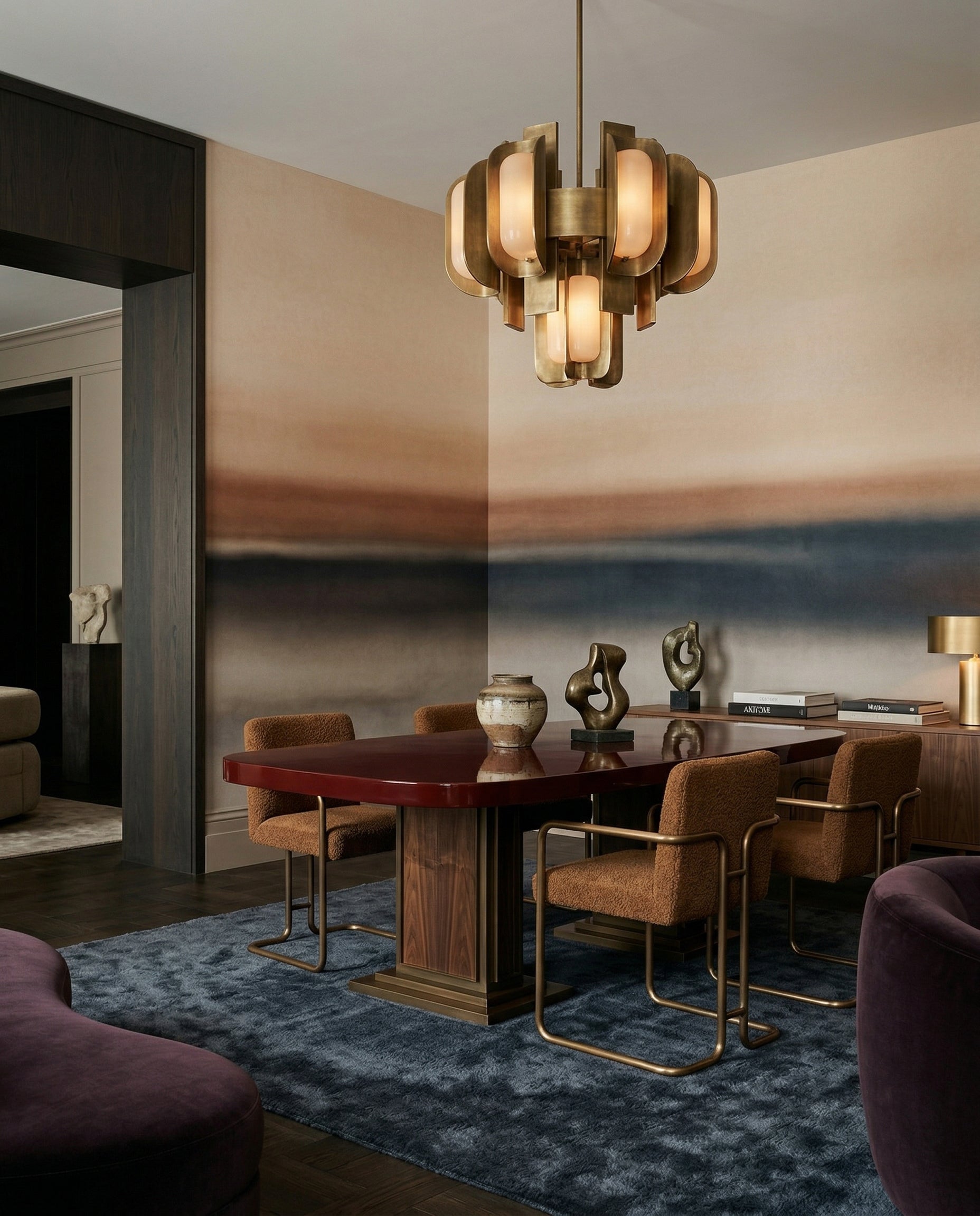 Abstract dawn tone wall mural in a dining room space with dark gradient., GD10387