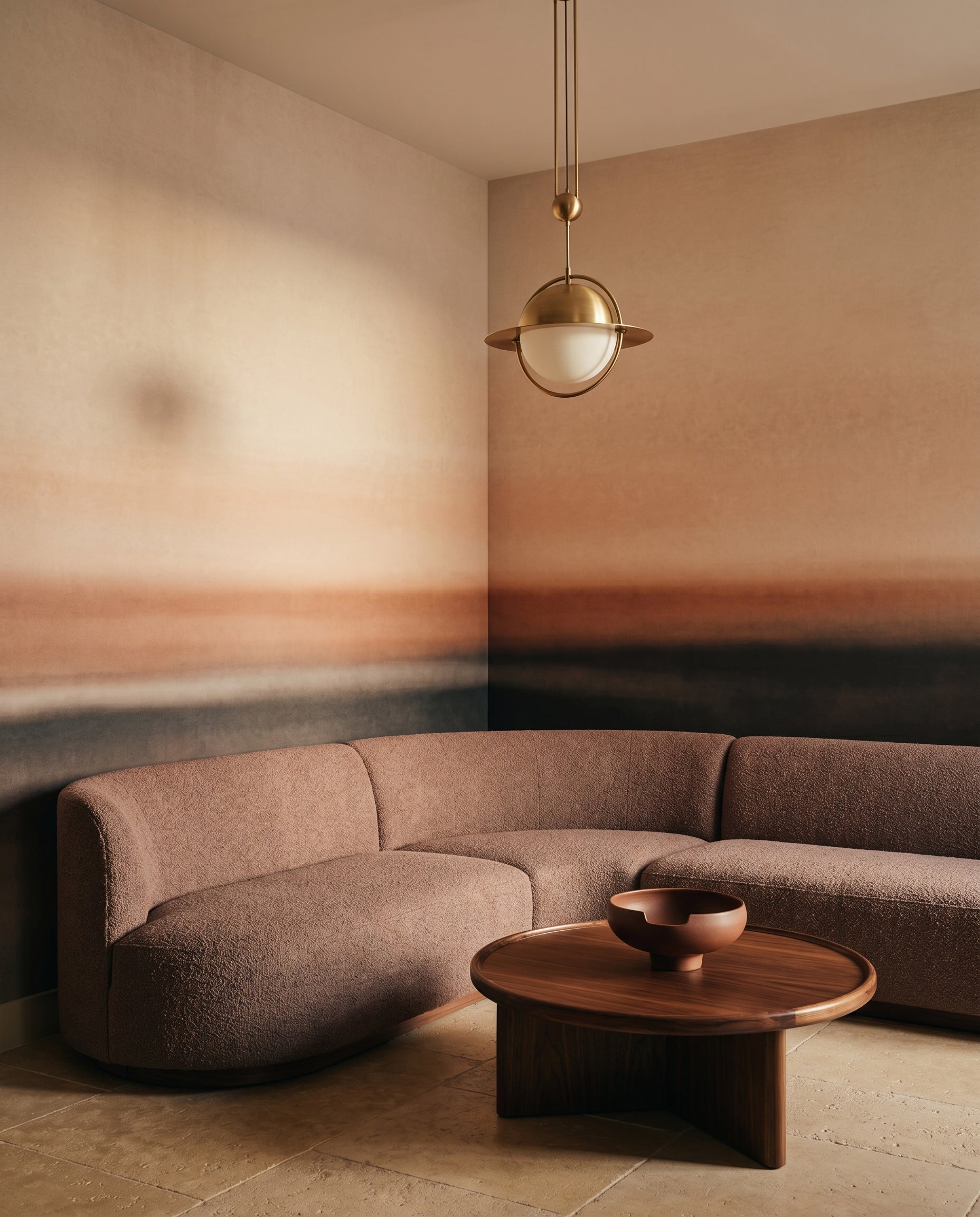 Abstract colour field wall mural with warm to dark gradient in hallway., GD10387