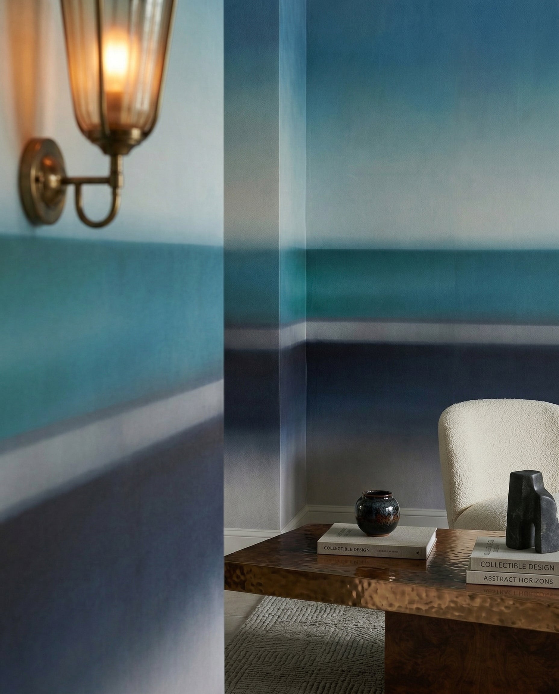 Painterly blurred wall mural in cerulean teal and dark navy tones., GD10389