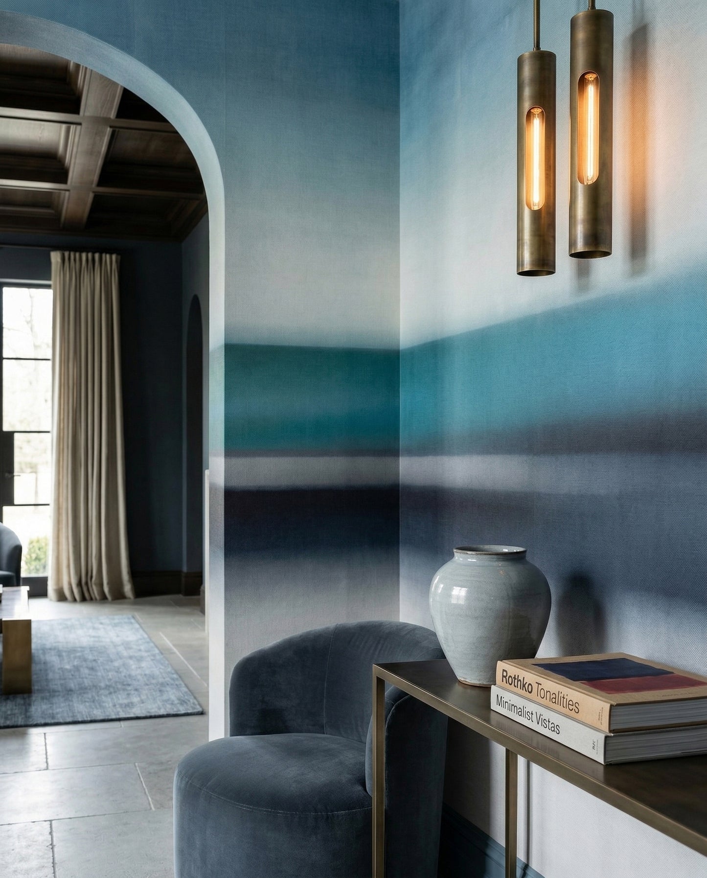 Layered sky blue to deep navy tone in abstract colour field wall mural., GD10389