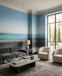 Abstract blue tone wall mural in a living room space., GD10389