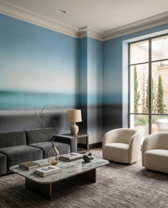Abstract blue tone wall mural in a living room space., GD10389