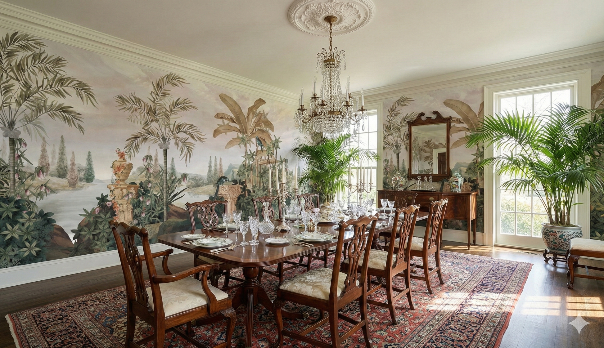 Antique style botanical wall covering with tropical birds