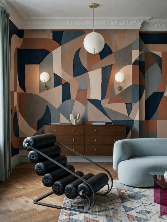 Silent Arch geometric mural with layered forms in a living room., GD10375