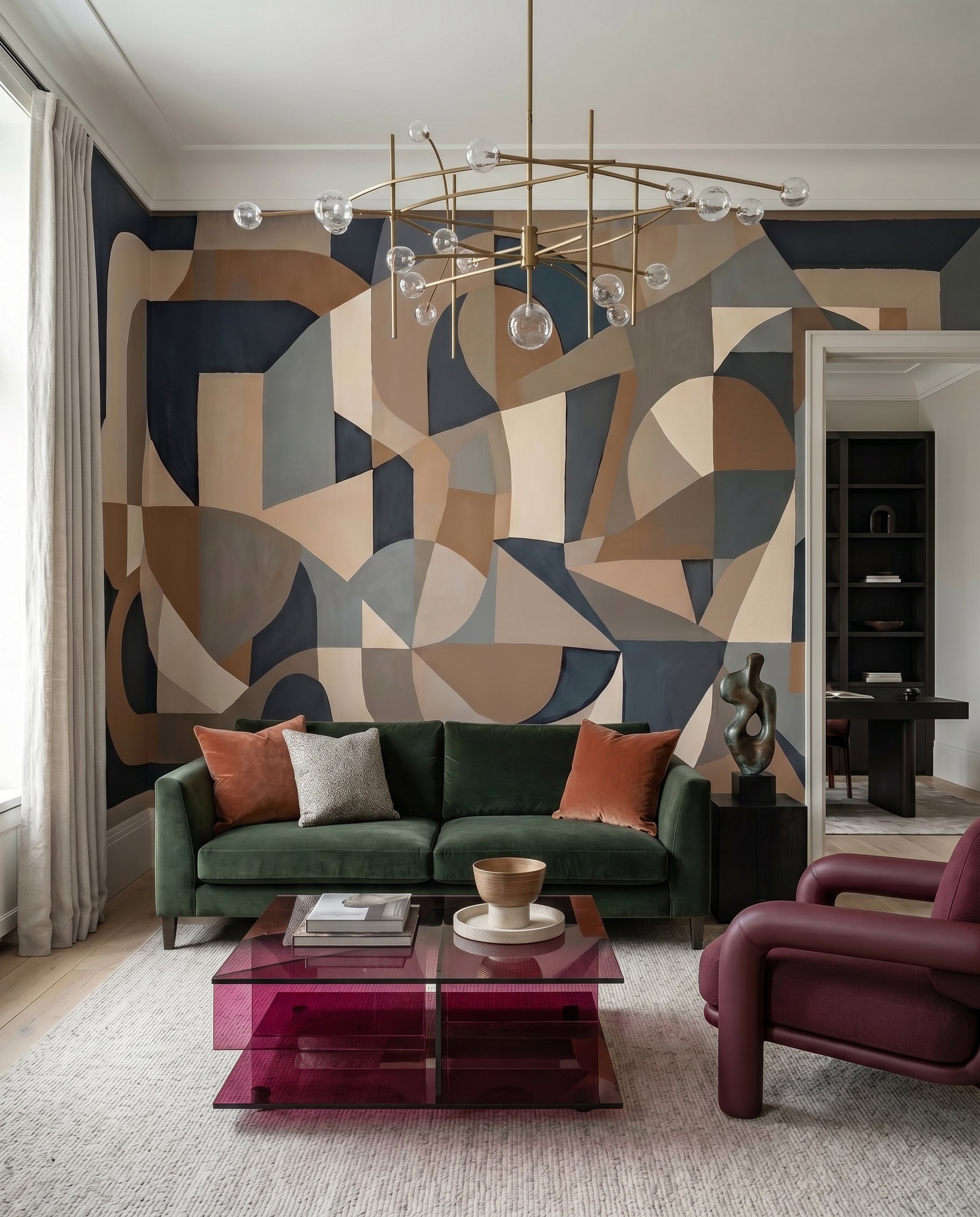 Warm toned cubist geometric wall mural with balanced colour blocks., GD10375