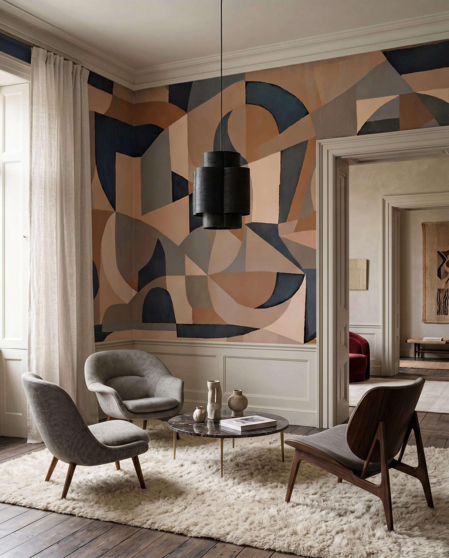 Overlapping rectangular and curved wall mural in soft blush and grey tones., GD10375