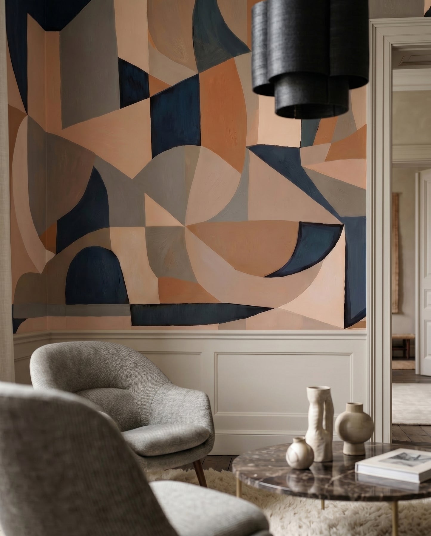 Wall mural with Terracotta and taupe arch forms layered over deep navy background., GD10375