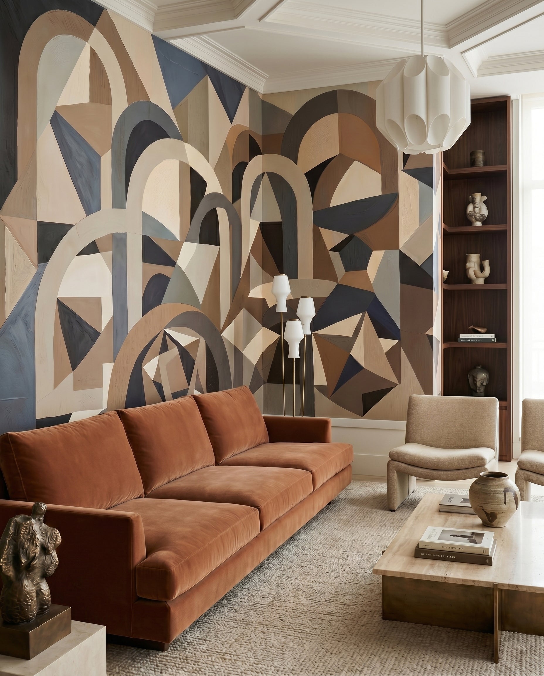 Silent Axis architectural mural with arched forms in a living room., GD10376