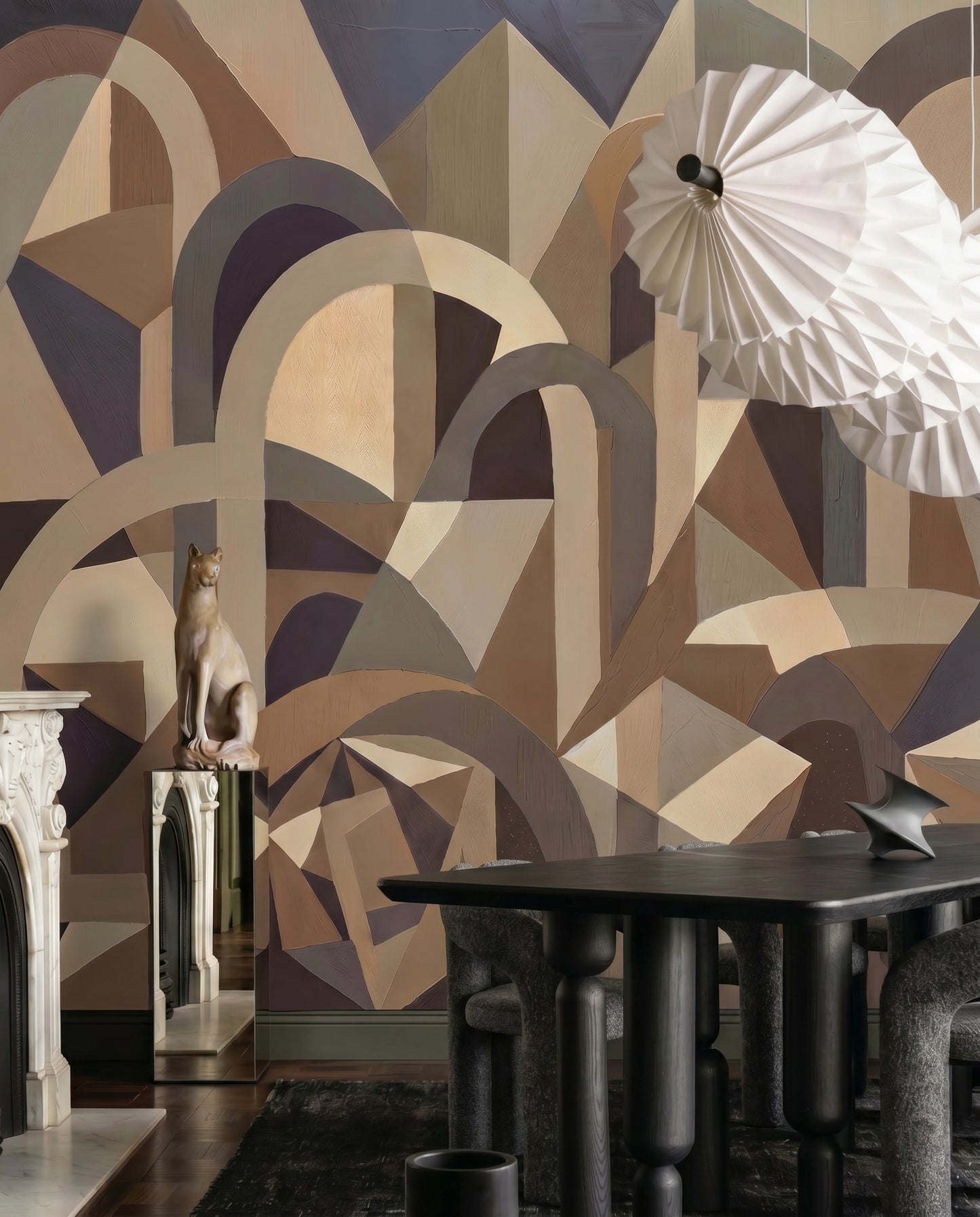 Cubist wall mural with layered cream and brown angular forms., GD10376