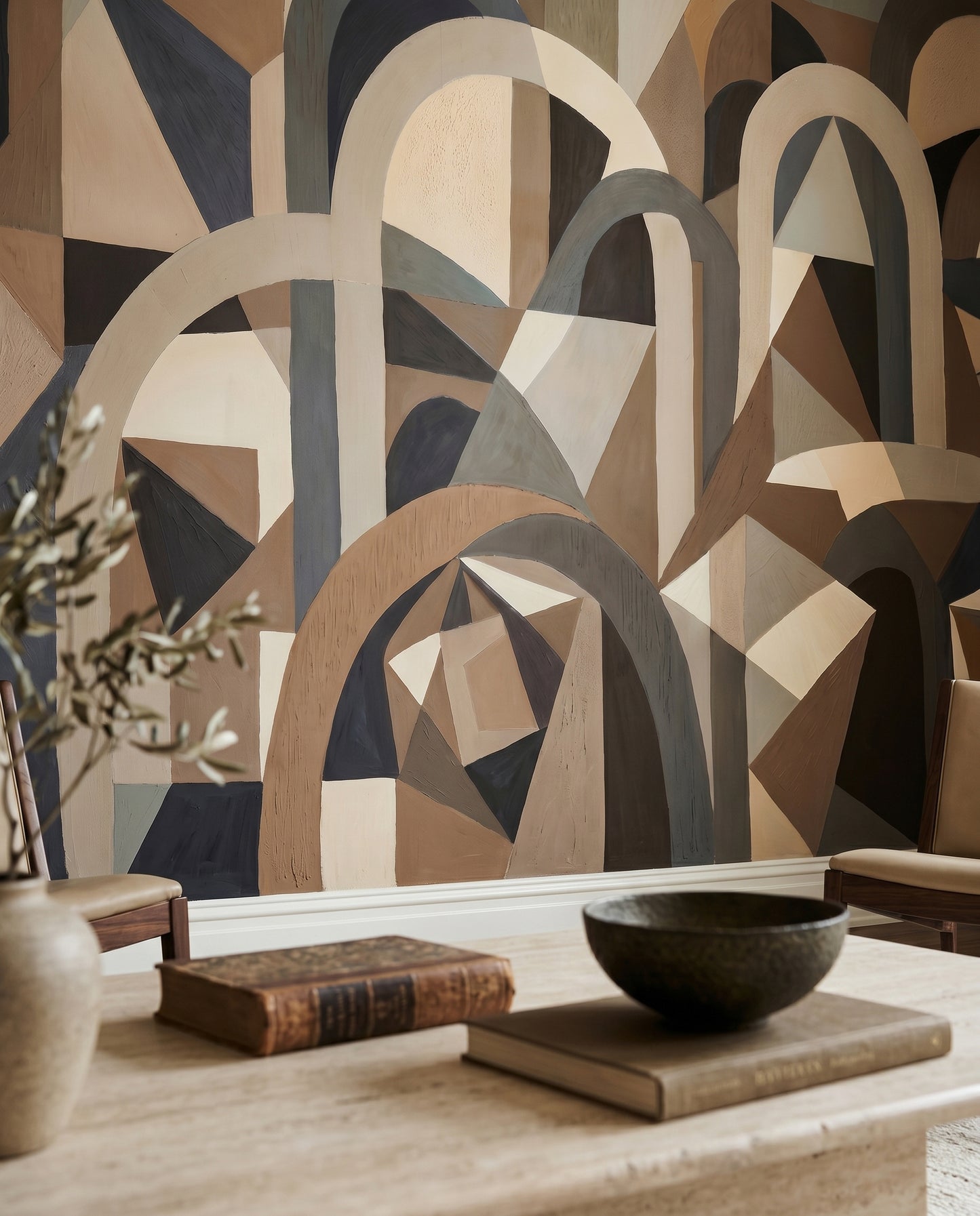 Brown and beige geometric mural with structured architectural rhythm., GD10376