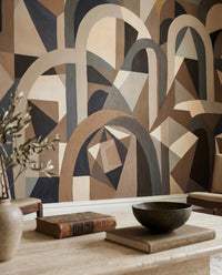 Brown and beige geometric mural with structured architectural rhythm., GD10376