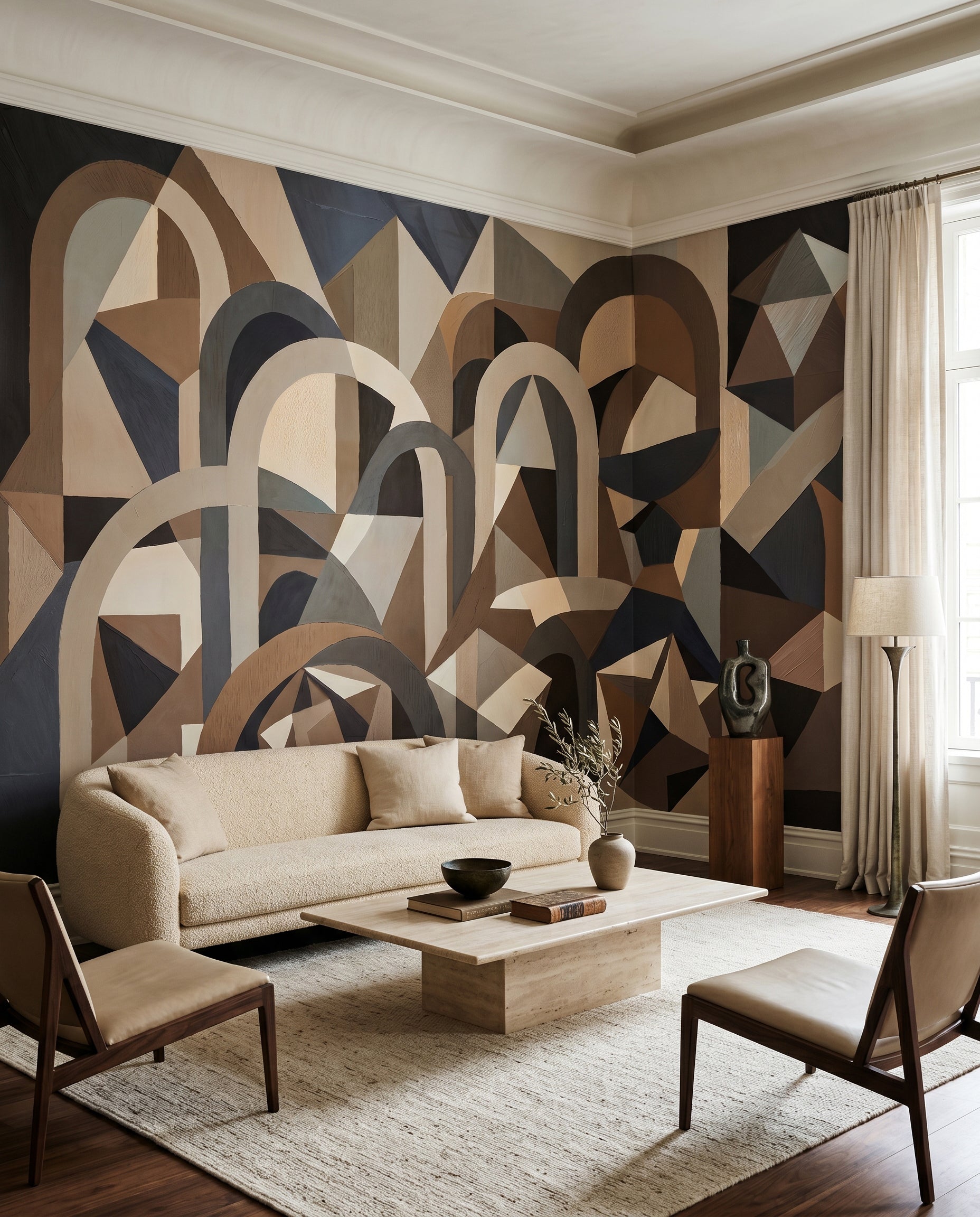 Pointed rooftop and vaulted doorway shapes wall mural in muted earthy tones., GD10376