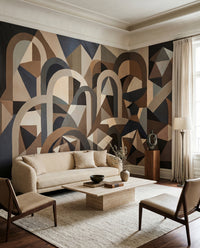 Pointed rooftop and vaulted doorway shapes wall mural in muted earthy tones., GD10376