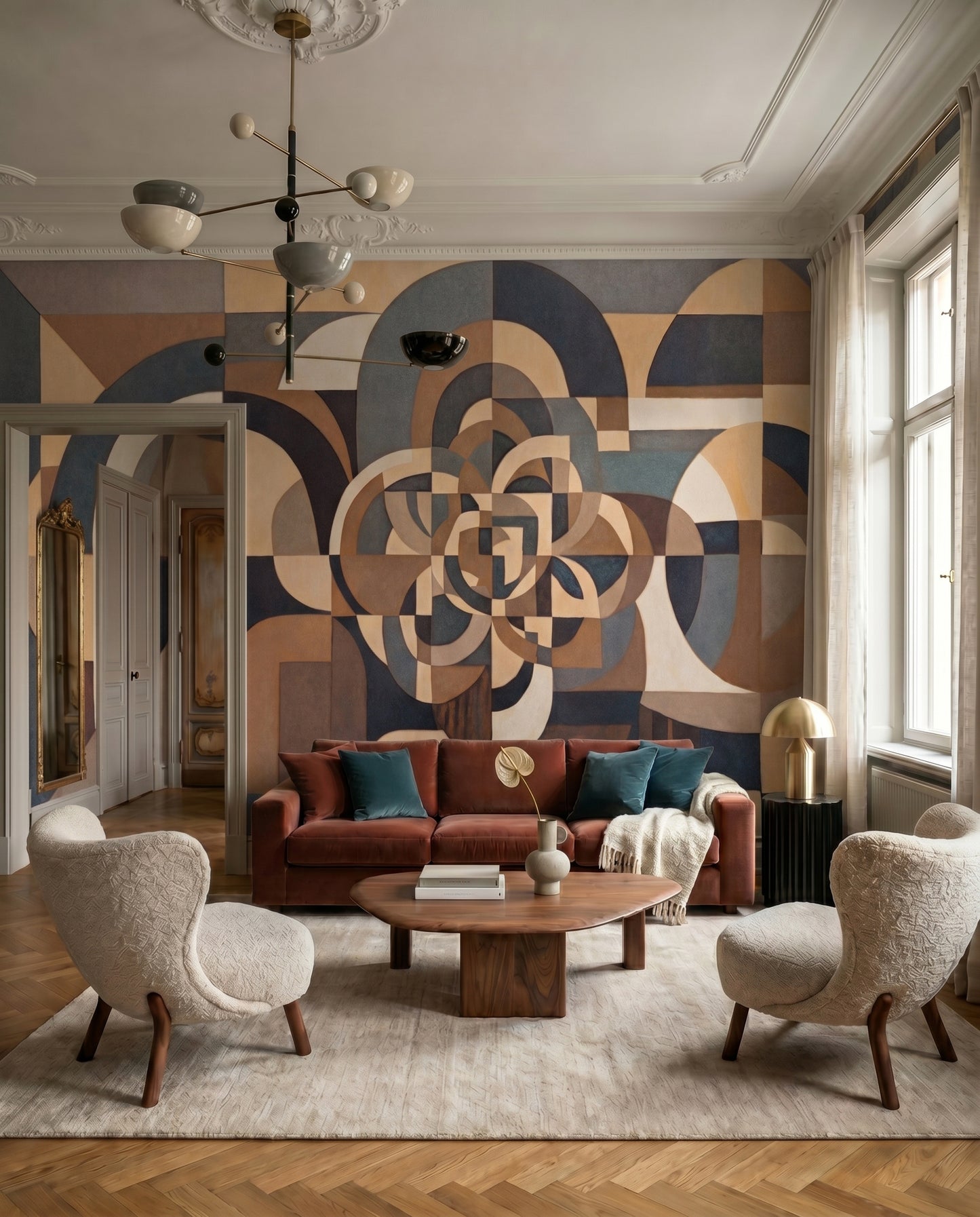 Interlocking curved and angular wall mural in muted brown and cream tones, GD10377