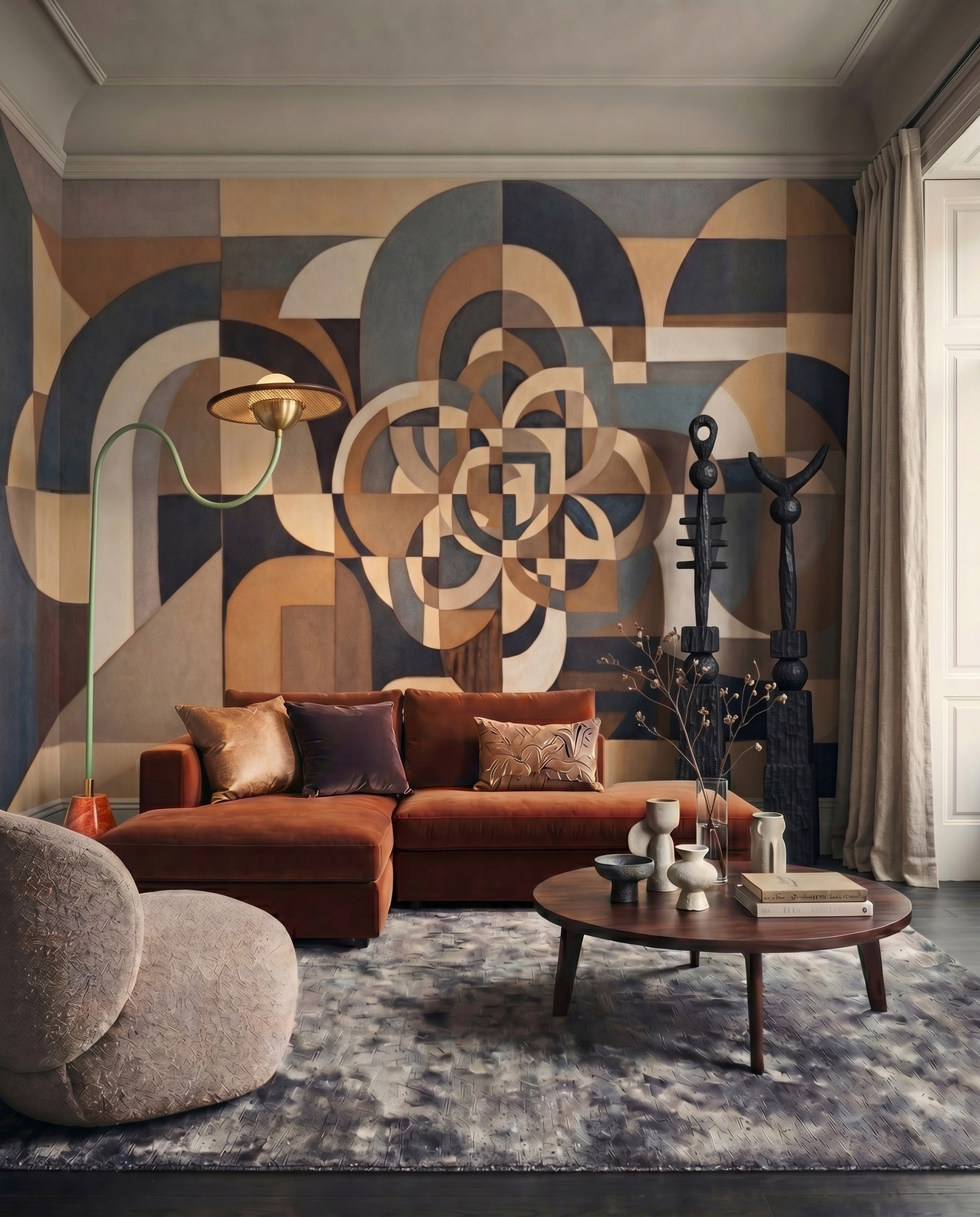 Silent Passage cubist wall mural with rosette pattern in a living room.