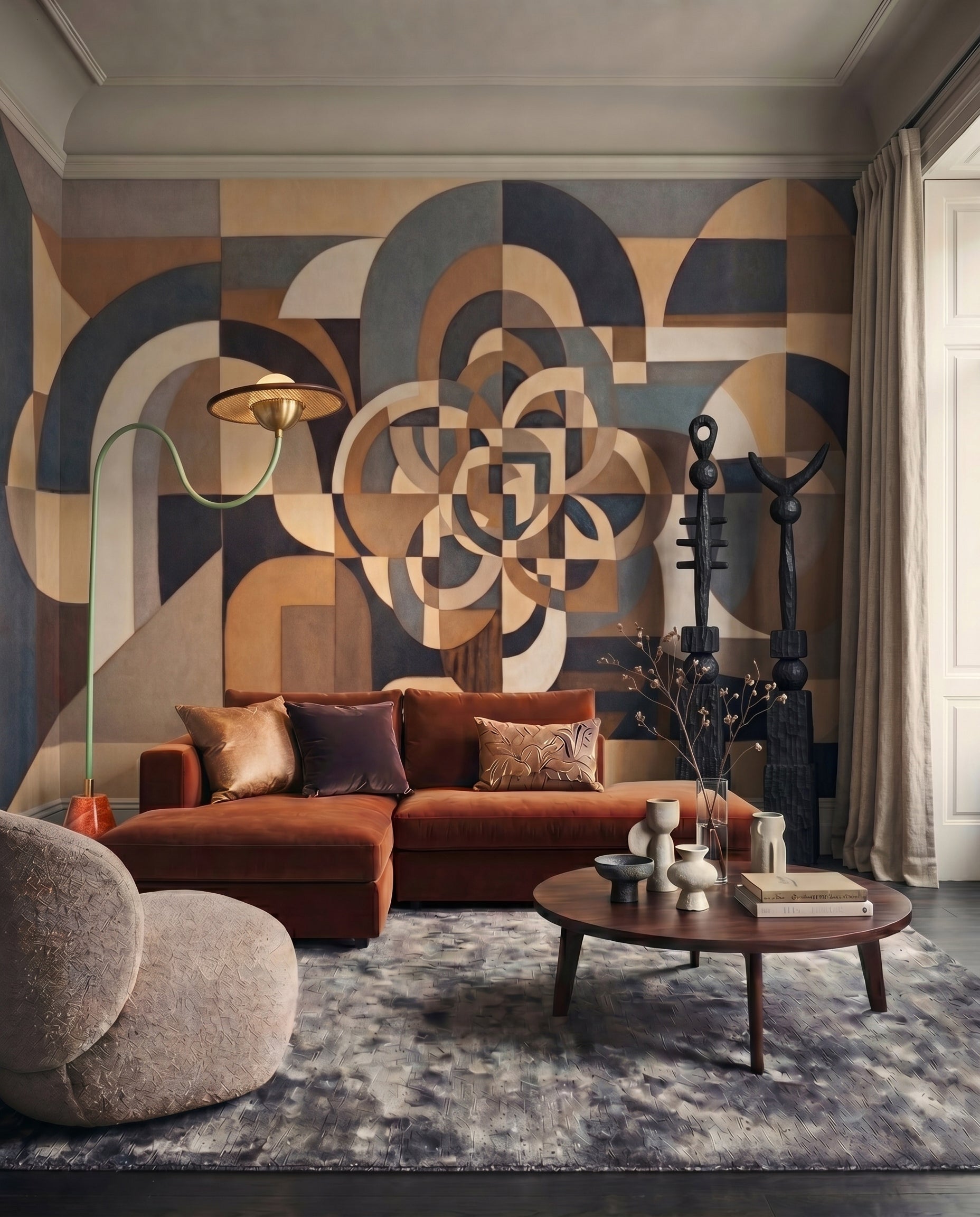 Silent Passage cubist wall mural with rosette pattern in a living room., GD10377
