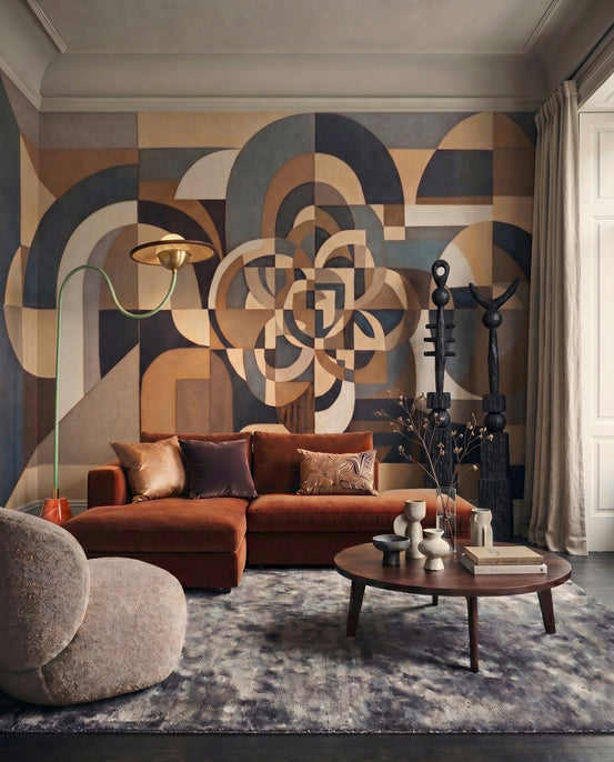 Silent Passage cubist wall mural with rosette pattern in a living room., GD10377