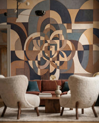 Symmetrical wall mural with arches and angular forms in earthy neutral hues., GD10377