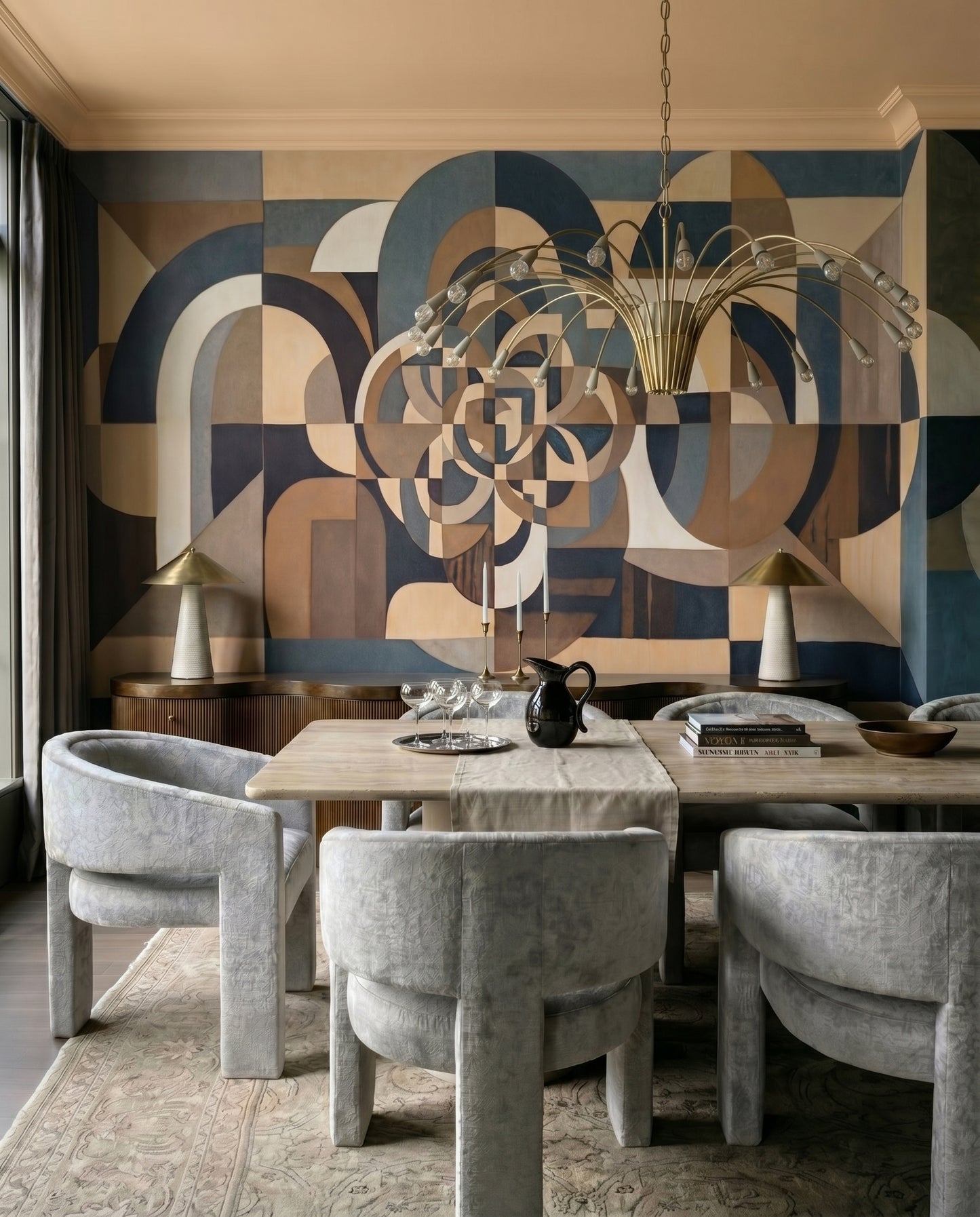 Symmetrical abstract arch wall mural displayed in a dining room setting., GD10377