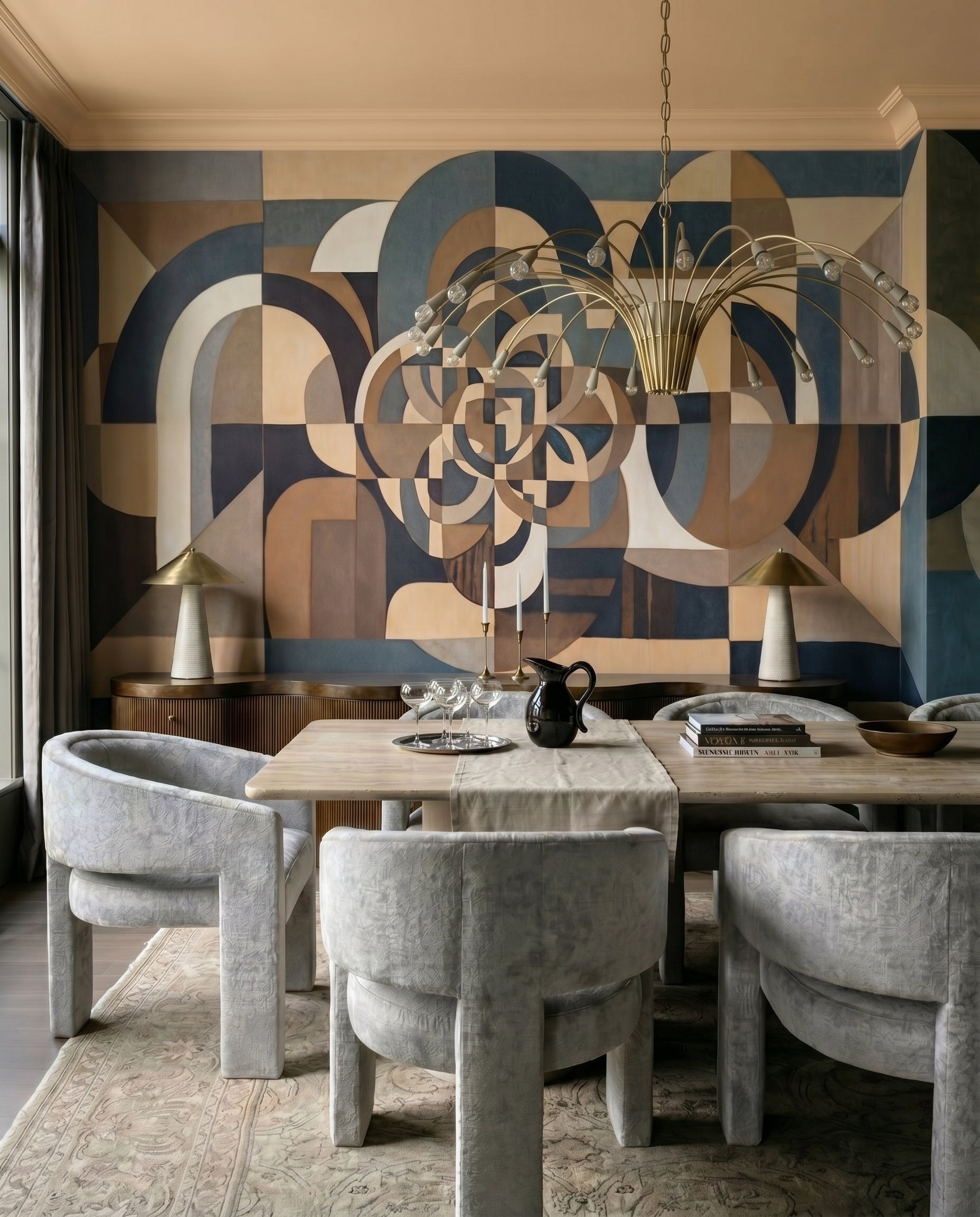 Symmetrical abstract arch wall mural displayed in a dining room setting., GD10377