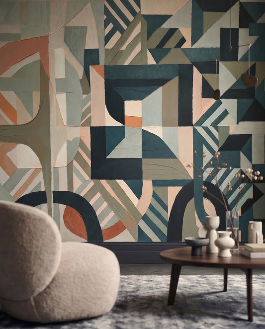 Cubist collage wall mural with sage and peach tones in a hallway.