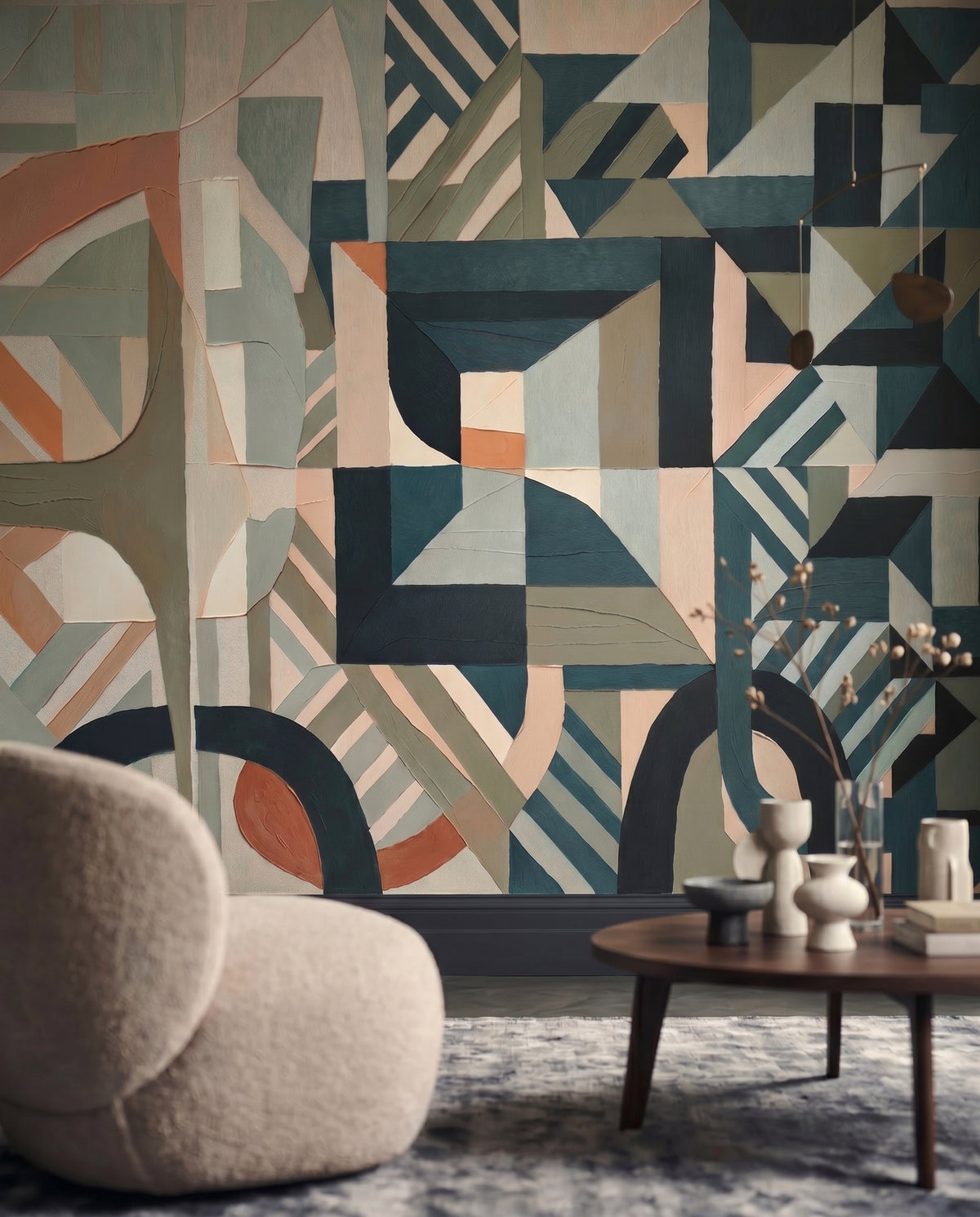 Cubist collage wall mural with sage and peach tones in a hallway., GD10378