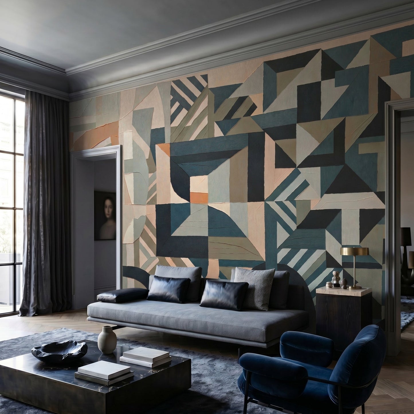 Silent Planes geometric wall mural with teal stripes in a living room., GD10378