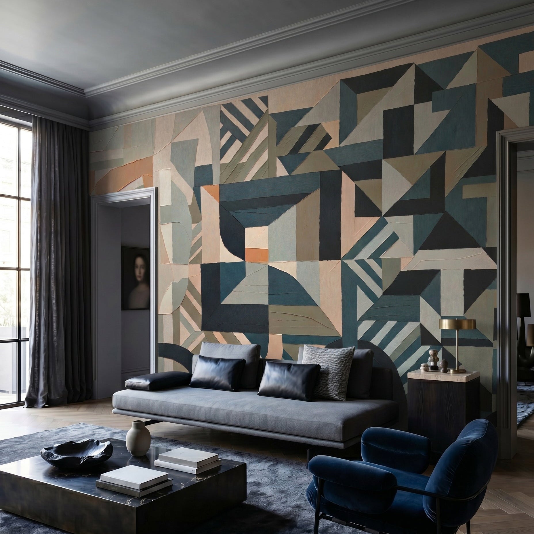 Silent Planes geometric wall mural with teal stripes in a living room., GD10378