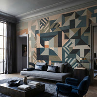 Silent Planes geometric wall mural with teal stripes in a living room., GD10378