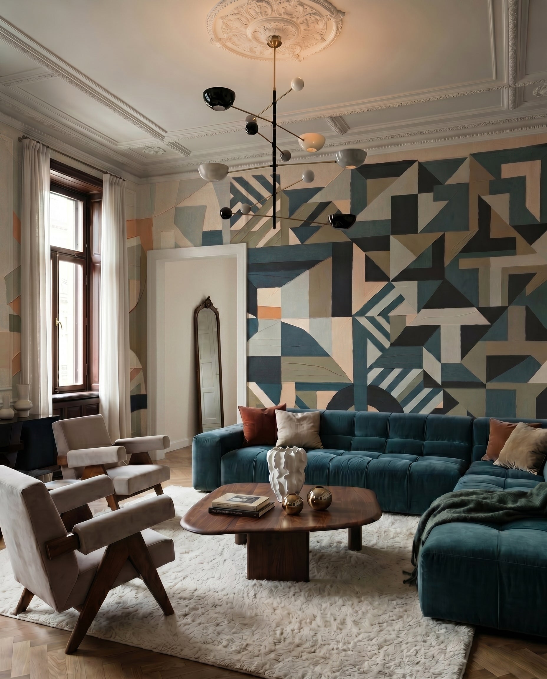 Teal and sage geometric blocks layered wall mural with curved black form., GD10378