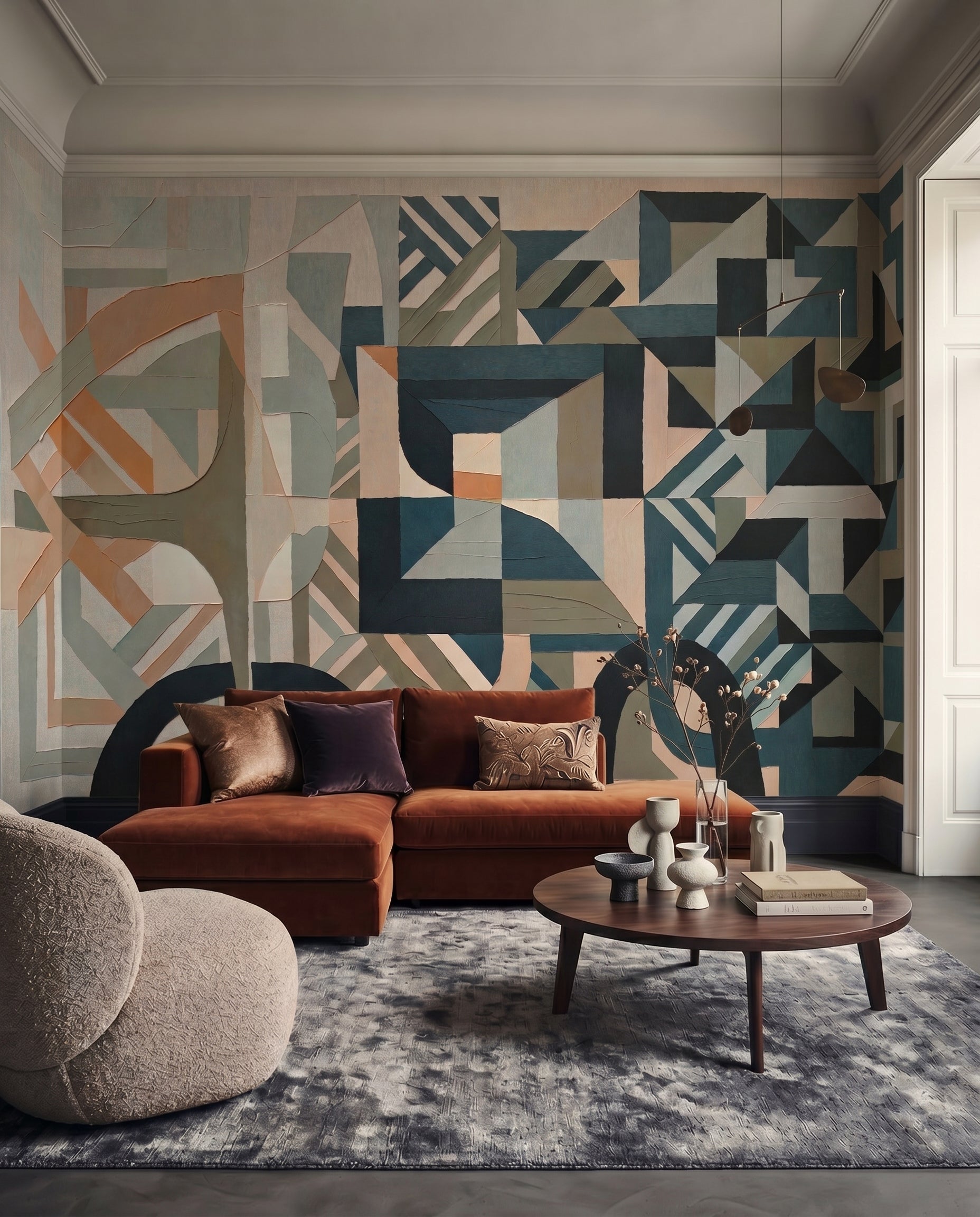 Mixed-media style cubist wall mural with warm peach accents in living area., GD10378