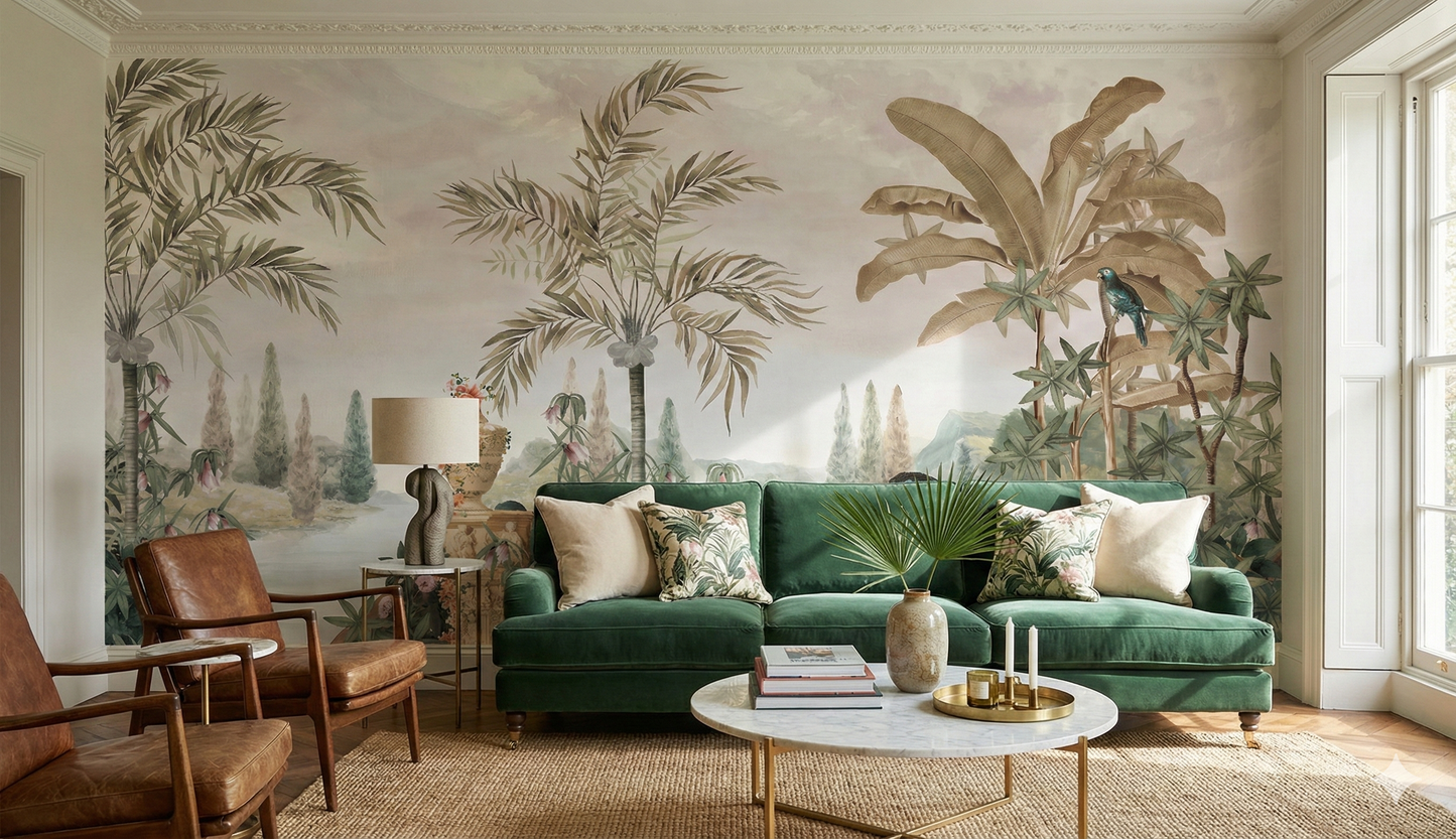 Vintage tropical river landscape mural with palm trees