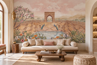 Stepwell garden watercolour wall mural with peacocks in a living room, GD13105