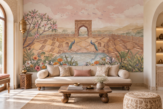 Stepwell garden watercolour wall mural with peacocks in a living room, GD13105