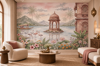 The Flamingo Lake Pavilion floral mural with a pink pavilion, flamingos and lotus blooms, GD13097